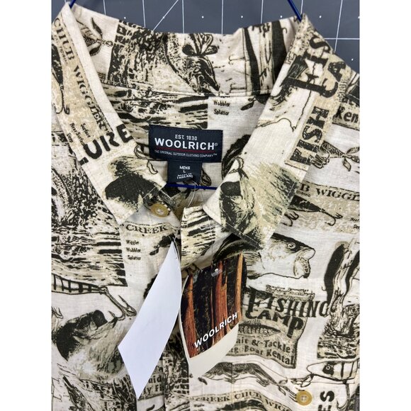 Men’s Woolrich Short Sleeve Shirt Fishing Print Beige Size L NWT NOS - Picture 3 of 7